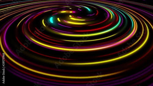 Colorful blurred light circle stripes in motion over on abstract background. Rainbow rays. Led Light. Future tech. Shine dynamic scene. Neon flare. Magic moving fast lines video 4k for you presentatio