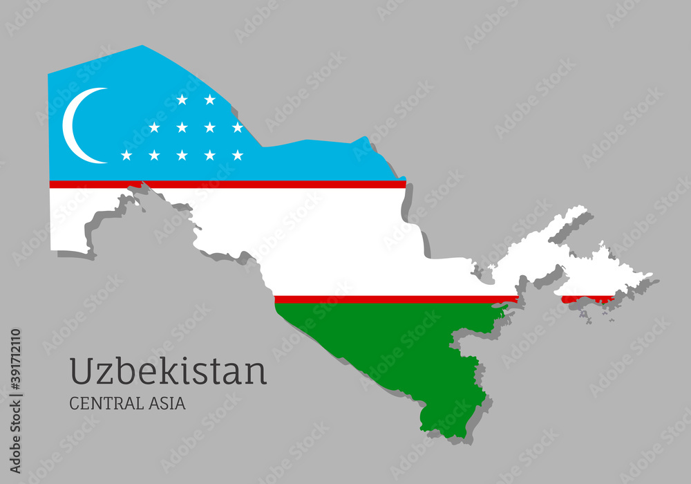 Obraz premium Map of Uzbekistan with national flag. Highly detailed editable map of Uzbekistan, Central Asia country territory borders. Political or geographical design element vector illustration