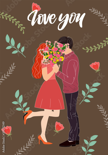 Beautiful elegant couple kissing for a bouquet, on a brown floral background. Love you