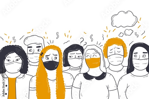 Coronavirus, healthcare, new normal concept. Crowd group of people men women wearing protective medial face mask standing together. Protection from covid19 virus and urban air pollution illustration  photo