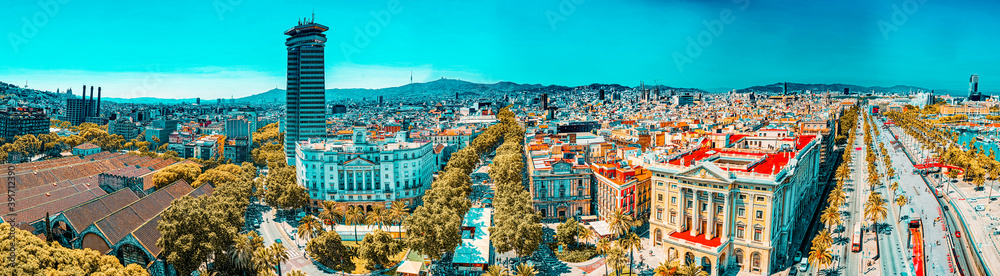 Panorama on whole Barcelona modern and historical areas. Spain.