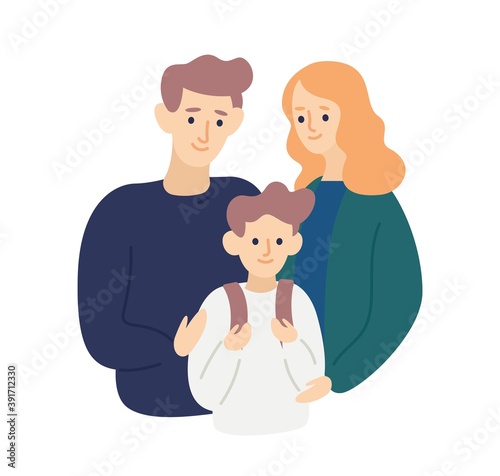 Parents hug and support child on his first day at school. Mother and father care and love son. Happy family portrait. Scene of parenting, togetherness. Flat vector cartoon illustration