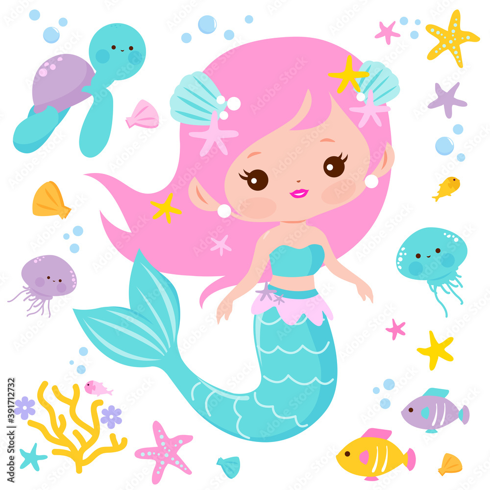 Beautiful mermaid and sea animals. Vector illustration Stock Vector | Adobe Stock