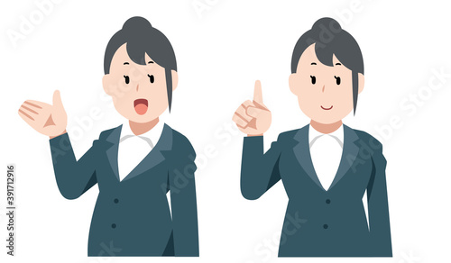 スーツの女性(手をかざす,指を差す)のイラスト素材