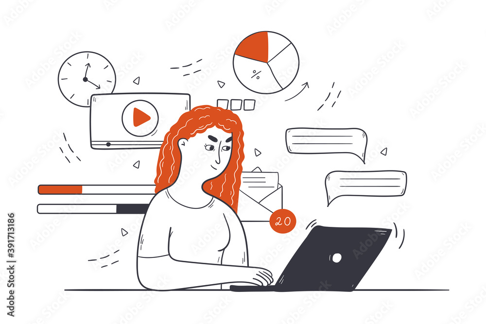 Business, multitasking, time management concept. Young happy businesswoman clerk manager freelancer cartoon character with efficient work skills sits at laptop in office. Freelance and productivity Business, multitasking, time management concept. Young happy businesswoman clerk manager freelancer cartoon character with efficient work skills sits at laptop in office. Freelance and productivity