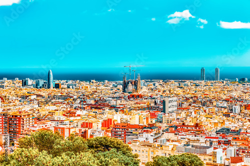 Photography Panorama on Barcelona city from Montjuic castle.Catalonia. Spain.