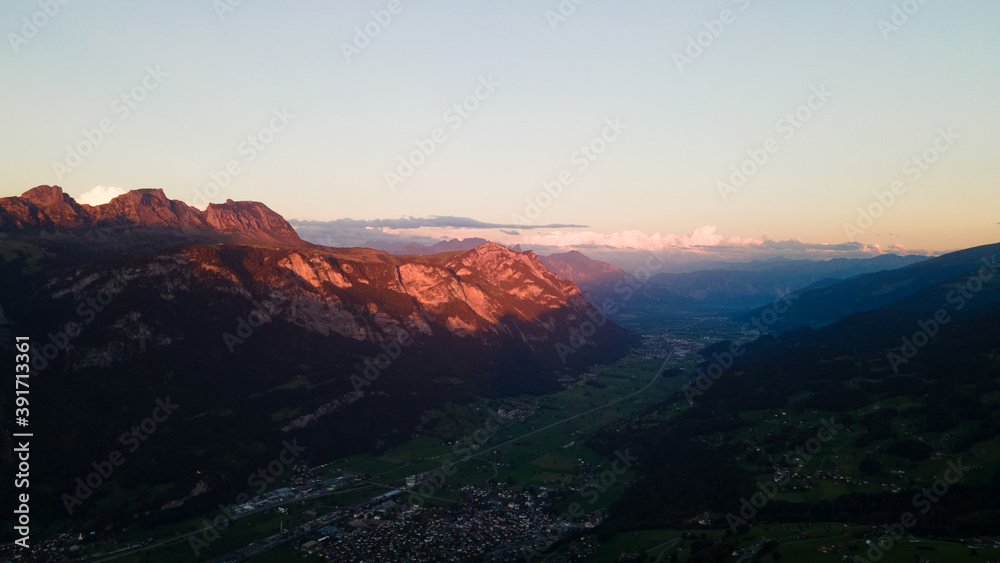 Sunset Alpine glow in Flums Switzerland - Drone Perspective Landscape Photography