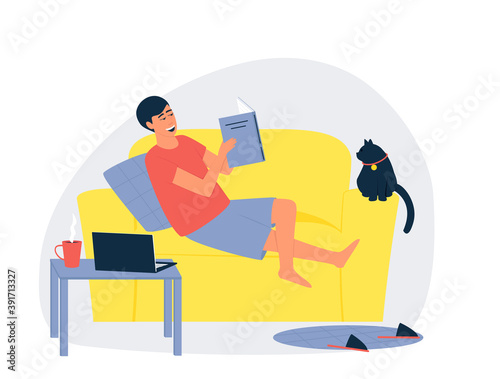The man is lying on the couch and reading a book. The cat is sitting on the couch. Time for yourself and relaxation at comfortable atmosphere with a cup of tea or coffee. Flat vector illustration.