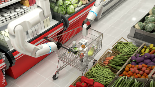 The grocery basket is being filled with robotic arms. Robots making a purchase. Remote purchases. photo