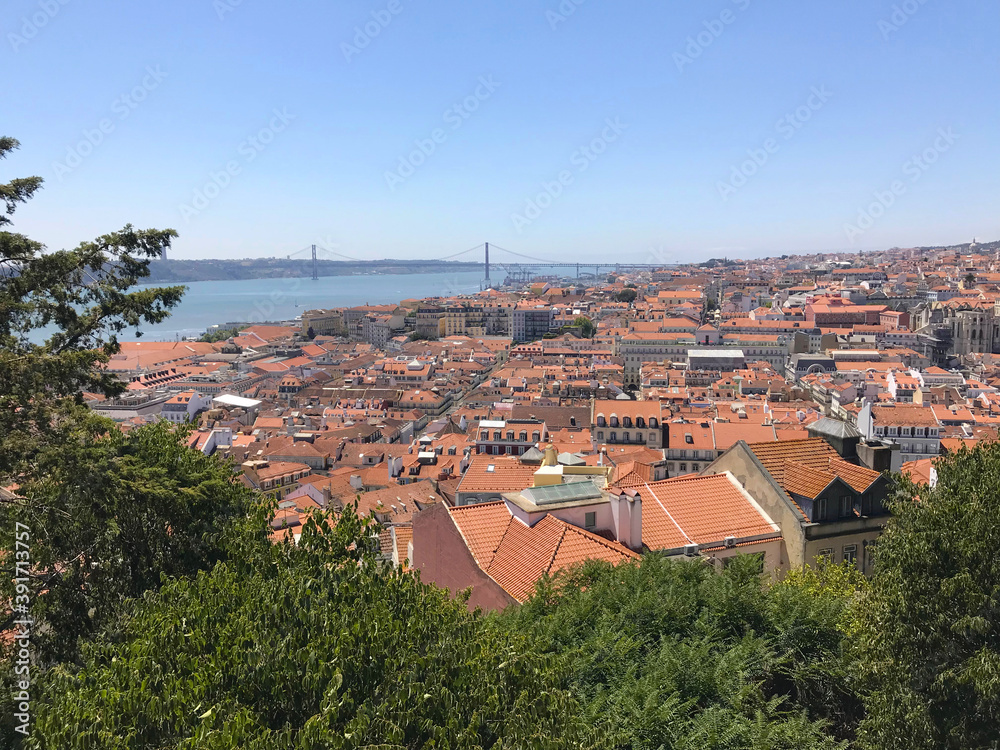 Aerial view of red roofs of Alfama and the River Tagus in Lisbon Portugal Aerial view of red roofs of Alfama and the River Tagus in Lisbon Portugal