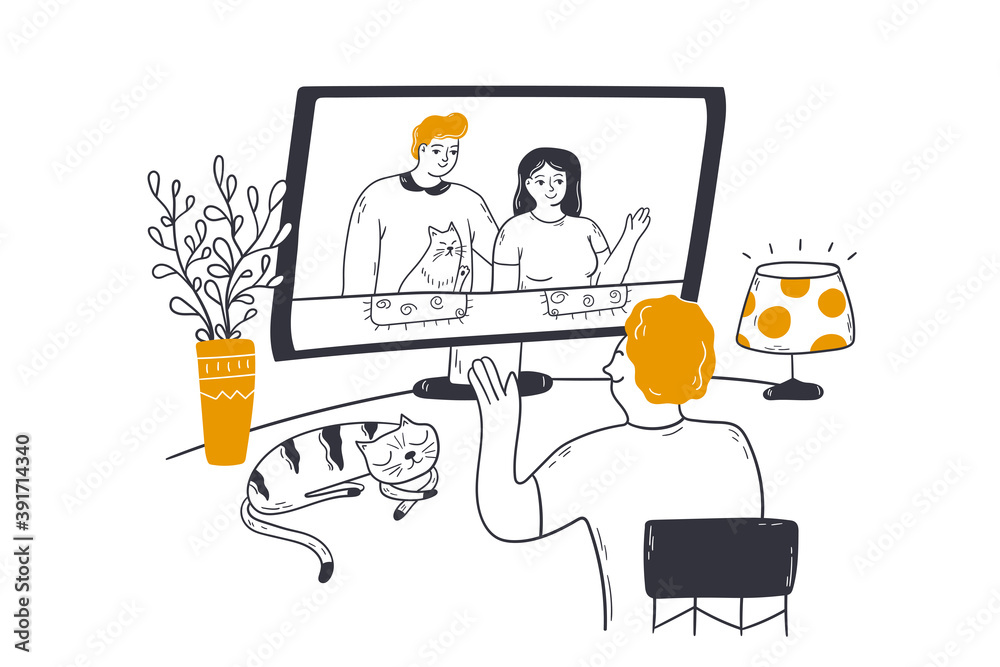 Family, video call conference, online communication concept. Woman grandmother senior citizen communicate chatting with children relatives remotely using computer. Wireless conversation illustration Family, video call conference, online communication concept. Woman grandmother senior citizen communicate chatting with children relatives remotely using computer. Wireless conversation illustration