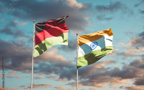 Beautiful national state flags of Malawi and India.