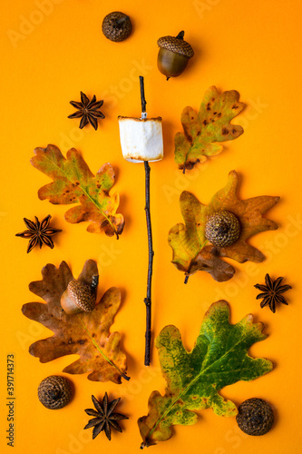 Roasted marshmallow on stick with autumn leaves, anise, nuts. Autumn composition, Ornament for Thanksgiving.