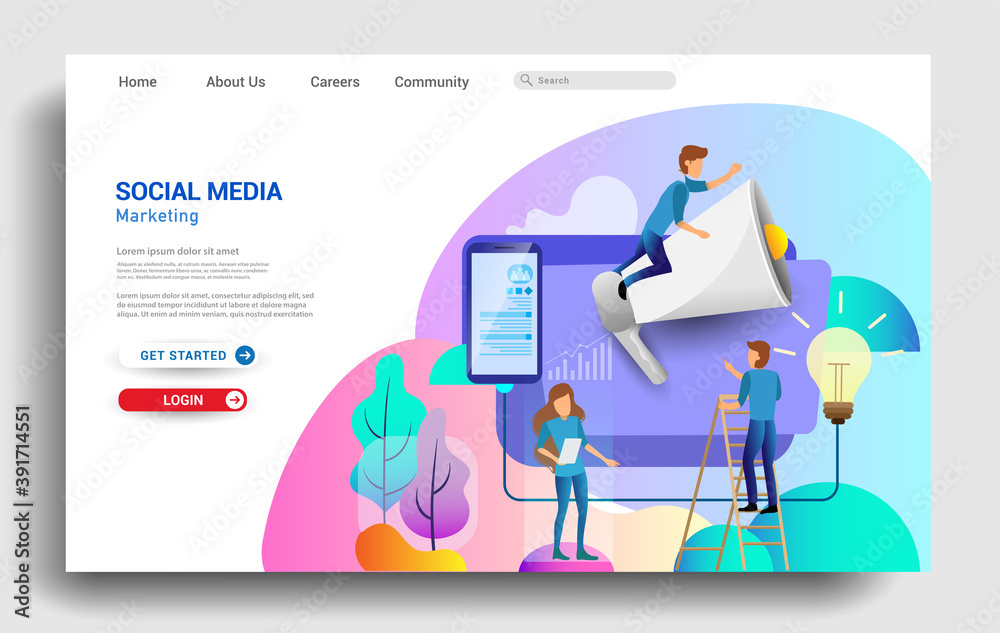Social media marketing landing page template, business strategy, analytics and brainstorming. Modern flat design concepts for website design ui/ux and mobile website development. Vector illustration.