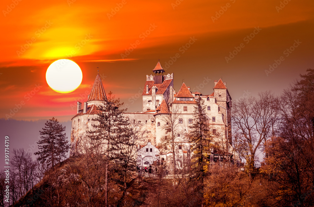 Spectacular sunset over Bran Castle, Transylvania, Romania. A medieval building known as Castle of Dracula.