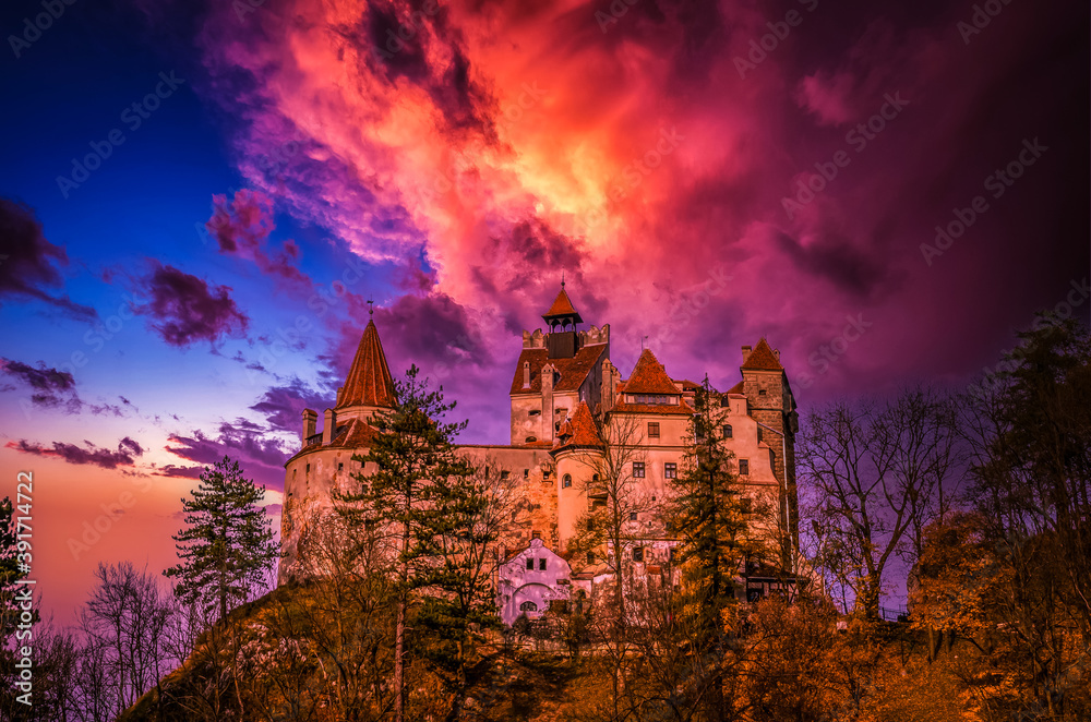 Spectacular sunset over Bran Castle, Transylvania, Romania. A medieval building known as Castle of Dracula.
