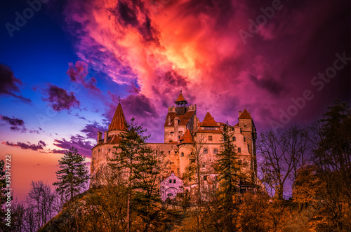Spectacular sunset over Bran Castle, Transylvania, Romania. A medieval building known as Castle of Dracula.