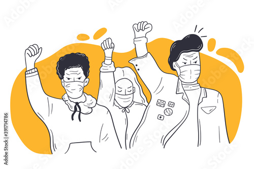 Social protest, coronavirus, BLM riot concept. African american people men women protesters participation in rally public action for black human rights. Black Lives Matter tolerance and no racism.