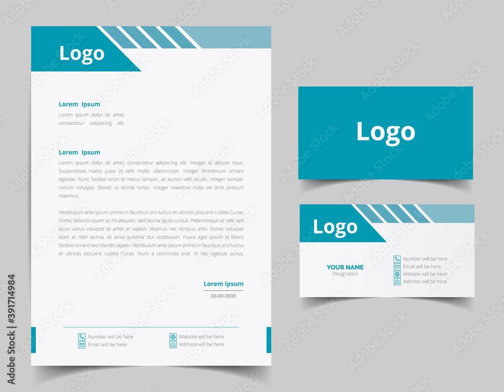 Business card and letterhead design set.  Branding identity template for corporate company. Vector illustration