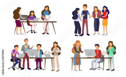 Sets of scenes at office. teamwork in process of creating something, discussing idea with team, celebration of success work, working with laptop in business meeting. illustration in flat cartoon style © Vectorideas