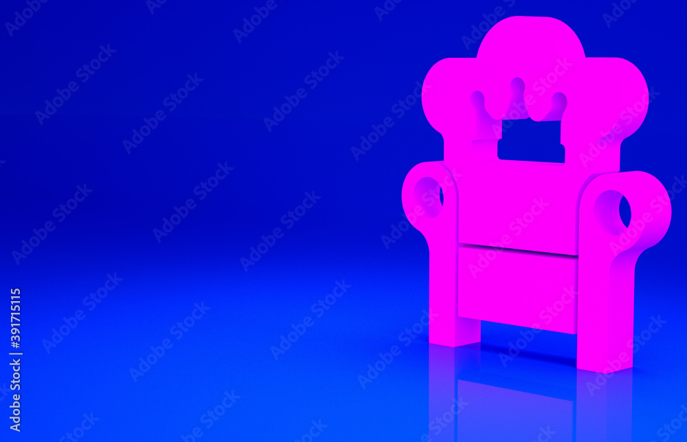 Pink Medieval throne icon isolated on blue background. Minimalism concept. 3d illustration 3D render. Pink Medieval throne icon isolated on blue background. Minimalism concept. 3d illustration 3D render.