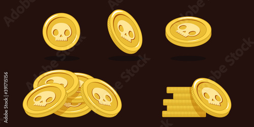 Illustration, icon of coins for casual game. Сoins in different positions, collected in a stack. Gold coins with the image of a skull, pirate treasures. Elements for graphic design of a mobile game.