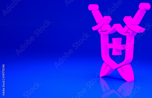 Pink Medieval shield with crossed swords icon isolated on blue background. Minimalism concept. 3d illustration 3D render.