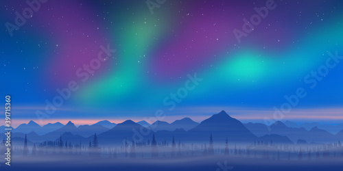 Fantasy on the theme of the northern landscape. Dusk and polar lights. Forest and mountains. Vector illustration, EPS10.