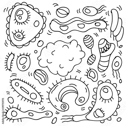 Doodle Bacteria And Virus Theme Doodle Collection In White Isolated Background  Hand-drawn Bacteria And Virus Theme.