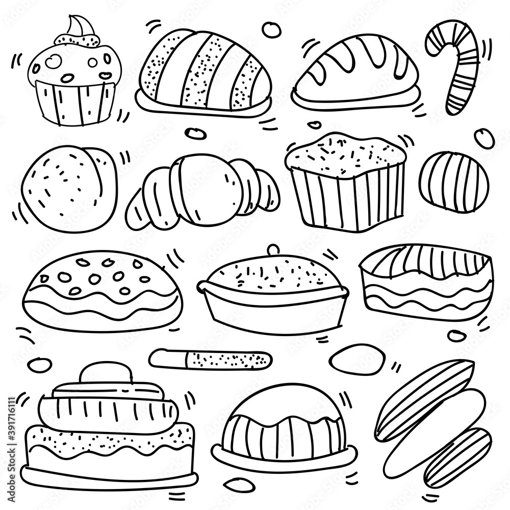 Set of drawings on the theme cakes. Cakes, pies, bread, biscuits and other confectionery products. vector illustration