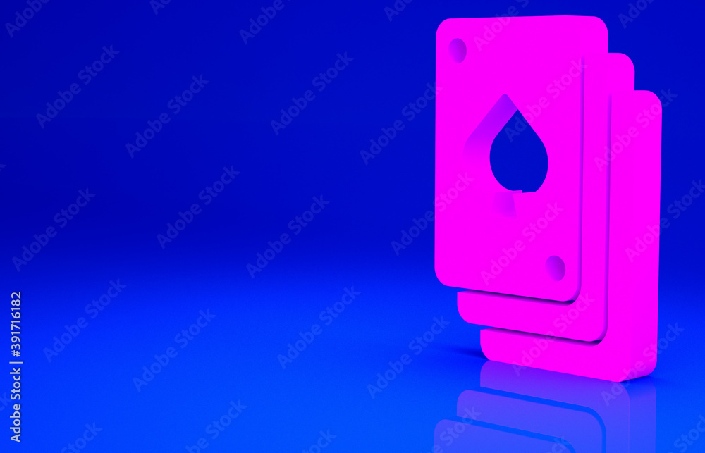 Pink Playing cards icon isolated on blue background. Casino gambling. Minimalism concept. 3d illustration 3D render. Pink Playing cards icon isolated on blue background. Casino gambling. Minimalism concept. 3d illustration 3D render.