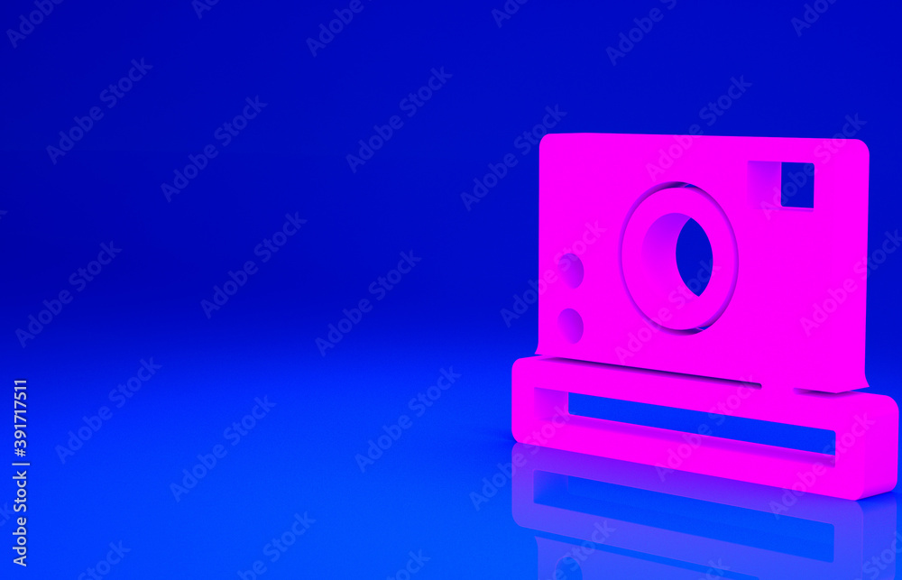 Pink Photo camera icon isolated on blue background. Foto camera icon. Minimalism concept. 3d illustration 3D render. Pink Photo camera icon isolated on blue background. Foto camera icon. Minimalism concept. 3d illustration 3D render.