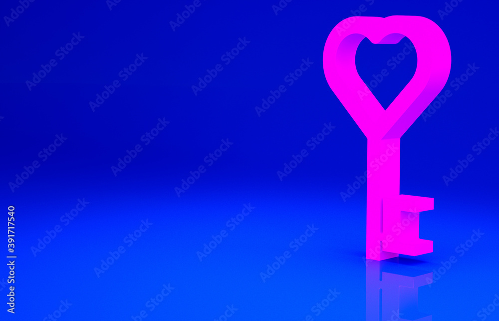 Pink Key in heart shape icon isolated on blue background. Valentines day symbol. Minimalism concept. 3d illustration 3D render. Pink Key in heart shape icon isolated on blue background. Valentines day symbol. Minimalism concept. 3d illustration 3D render.