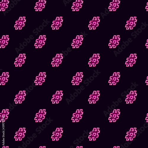 Seamless pattern with neon question mark and exclamation mark icons on black background.  Conversation, dialogue, quiz, problem concept. Night signboard style. Vector 10 EPS illustration.