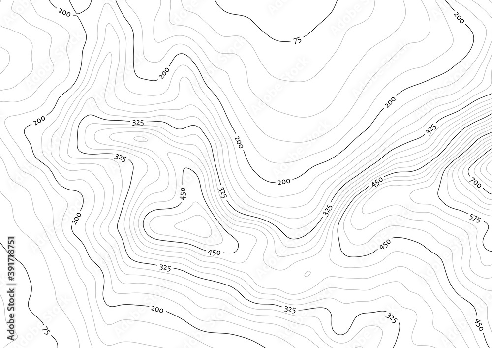 Artificial contour topo map in black/white with labels