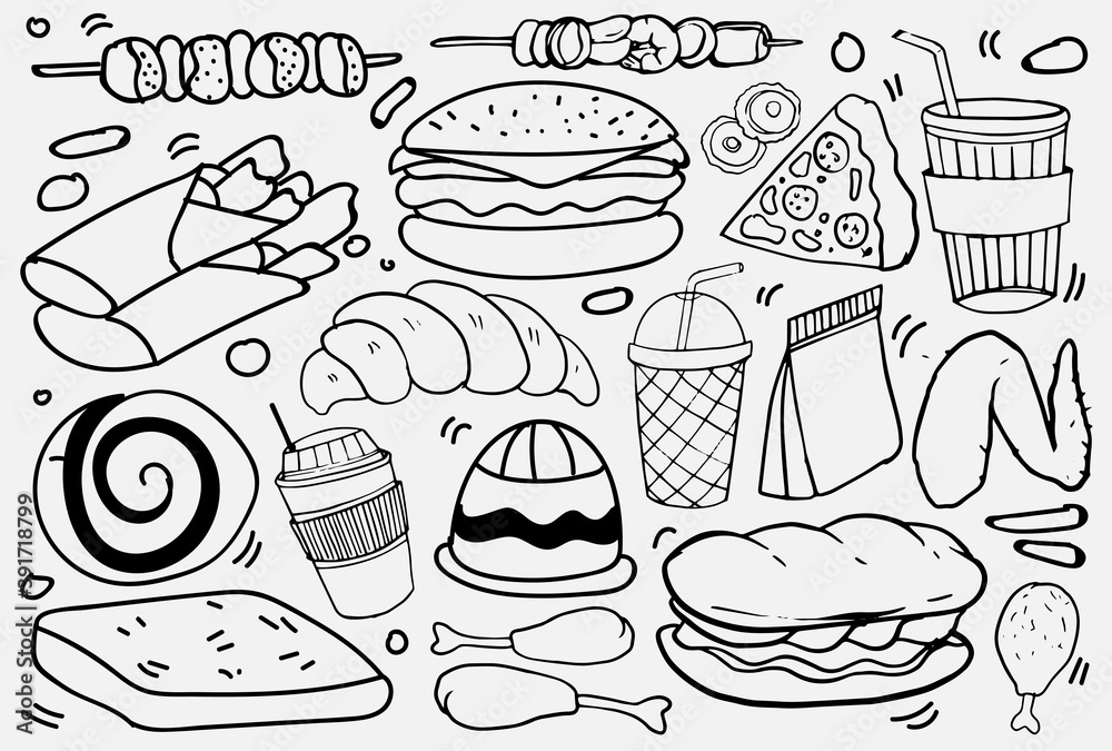 Set of hand drawn food isolated on white background, doodle set of fast food. Vector illustration Set of hand drawn food isolated on white background, doodle set of fast food. Vector illustration