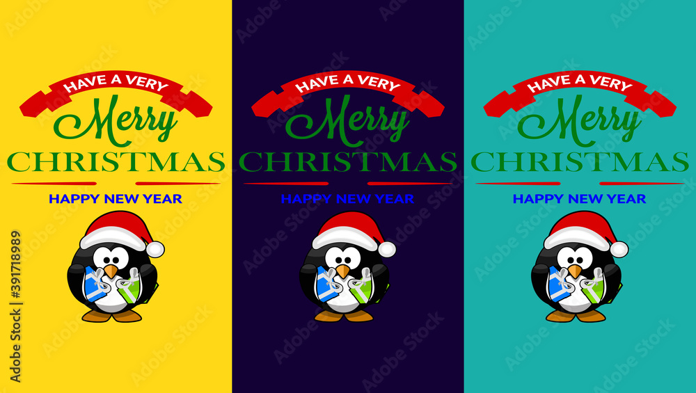 3 color illustration of Christmas theme background with cute penguin images