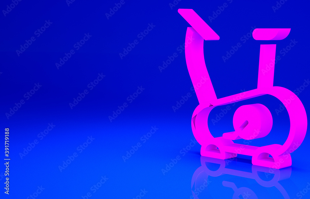 Pink Stationary bicycle icon isolated on blue background. Exercise bike. Minimalism concept. 3d illustration 3D render. Pink Stationary bicycle icon isolated on blue background. Exercise bike. Minimalism concept. 3d illustration 3D render.