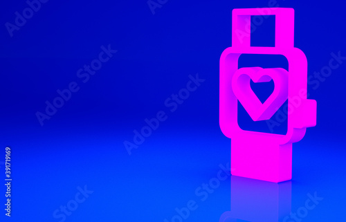 Pink Smart watch showing heart beat rate icon isolated on blue background. Fitness App concept. Minimalism concept. 3d illustration 3D render.