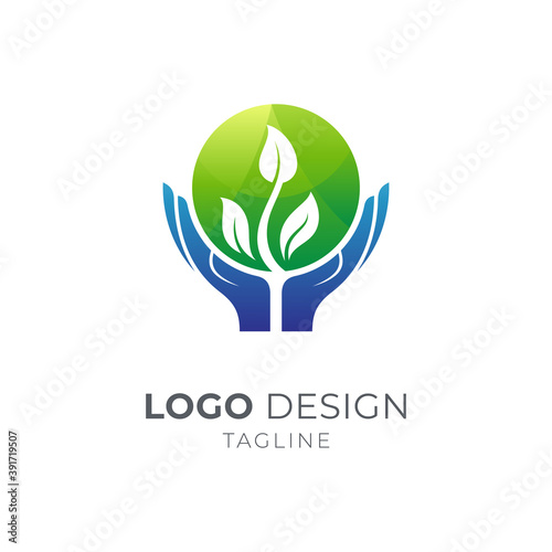 Earth Care Logo, Blue Hand and Green Globe Icon, World Environment Day Logo Vector