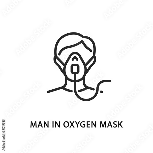 Man in oxygen mask flat line icon.