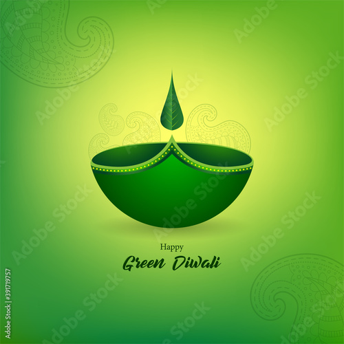 Green Diwali Banner with green Diya and Paisley Design on Greenish Background.