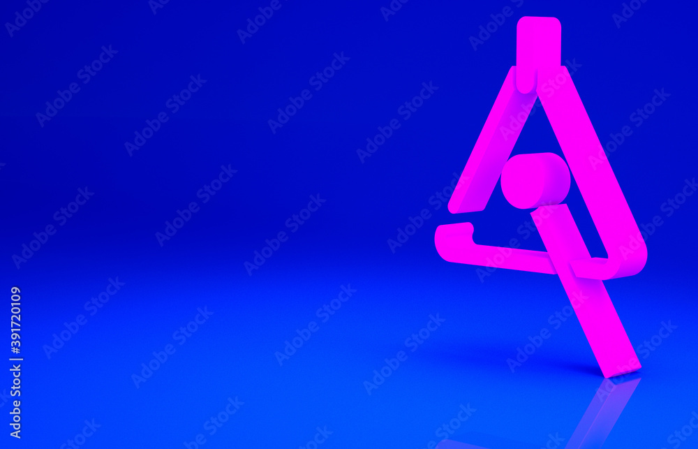 Pink Triangle musical instrument icon isolated on blue background. Minimalism concept. 3d illustration 3D render. Pink Triangle musical instrument icon isolated on blue background. Minimalism concept. 3d illustration 3D render.