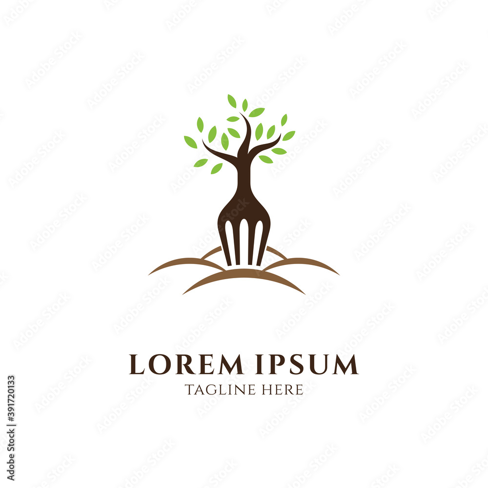 Obraz premium Fork and Tree Logo Concept, Luxury Organic Logo Style, Suitable for Healthy Food, Restaurant Business, Catering, Agricultural Products, etc