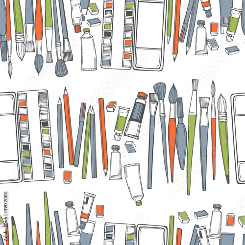 Artistic paintbrushes and watercolor  paints. Vector pattern