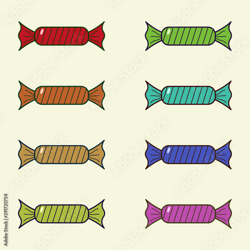 Set of colorful Christmas candies icons in the foil. Flat and material design icons