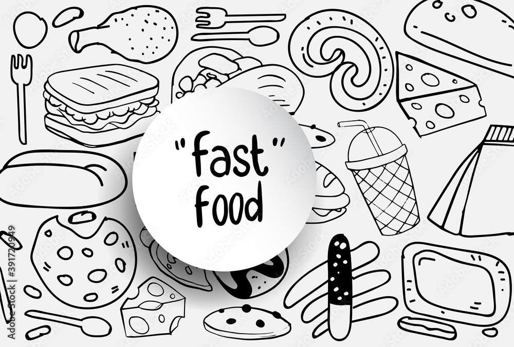 Fototapeta premium Set of hand drawn food isolated on white background, doodle set of fast food. Vector illustration