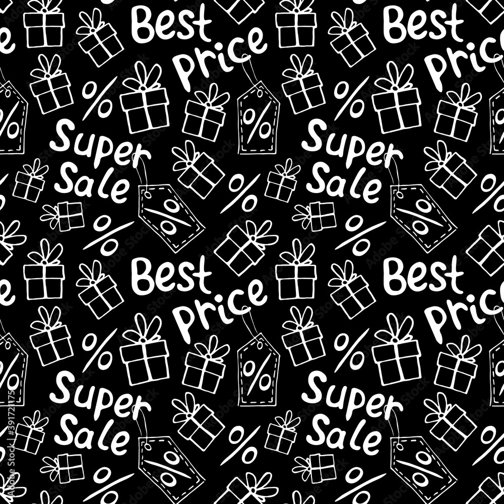 Vector seamless pattern with inscriptions and symbols Sale. Hand drawn background and texture on theme of Black Friday, best price, discounts, shopping and special offers