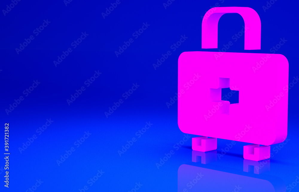 Pink First aid kit icon isolated on blue background. Medical box with cross. Medical equipment for emergency. Healthcare concept. Minimalism concept. 3d illustration 3D render. Pink First aid kit icon isolated on blue background. Medical box with cross. Medical equipment for emergency. Healthcare concept. Minimalism concept. 3d illustration 3D render.