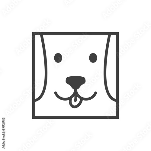 Tienda de mascotas. Logotipo lineal cara de perro alegre en cuadrado en color gris